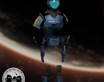 May include: A disassembled blue and black space suit with the text "EARTH GOV" on the chest piece. The suit is laid out on a brown and orange background.