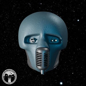 Op de afbeelding: Een blauwgrijs masker met een microfoonvormige mond, tegen een sterrenachtergrond. Het masker heeft twee oogvormige openingen met gloeiende witte stippen. Het Jawa Brothers Customs-logo staat linksonder.