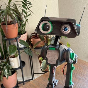 May include: A detailed 3D-printed robot model in black, grey and green. It has two large eye-like lenses, antennas, and a mechanical design. The robot is standing on a wooden surface.
