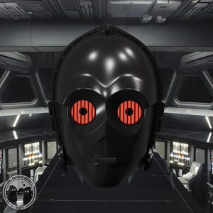 May include: A black C-3PO-style droid head with glowing red eyes. The droid's head is smooth and metallic, with a detailed design. The image is set against a futuristic, spaceship-like background.