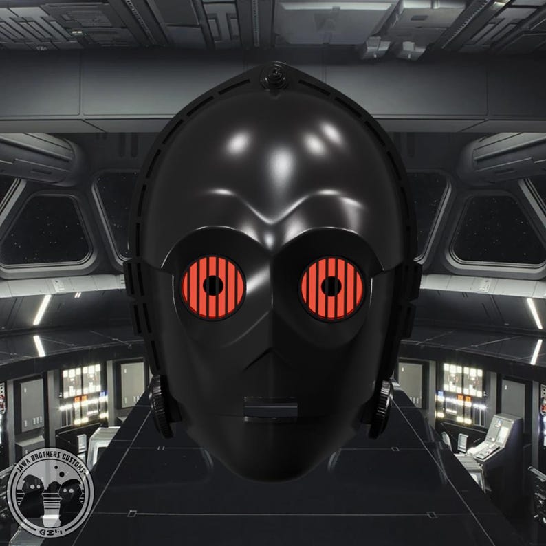 May include: A black C-3PO-style droid head with glowing red eyes. The droid's head is smooth and metallic, with a detailed design. The image is set against a futuristic, spaceship-like background.