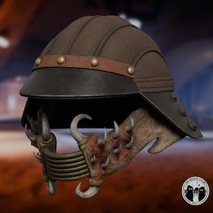 May include: A brown leather helmet with a black visor and a detailed, spiky, brown and gold face mask. The helmet has a band of gold studs around the top.