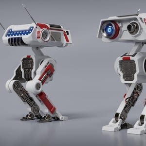 Könnte beinhalten: Zwei weiße und rote BD-1-Droidenmodelle mit Antennen, einem Kameraauge und beweglichen Beinen. Ein Droide hat ein blau-weißes Muster auf seinem Kopf. Die Droiden befinden sich auf grauem Hintergrund.