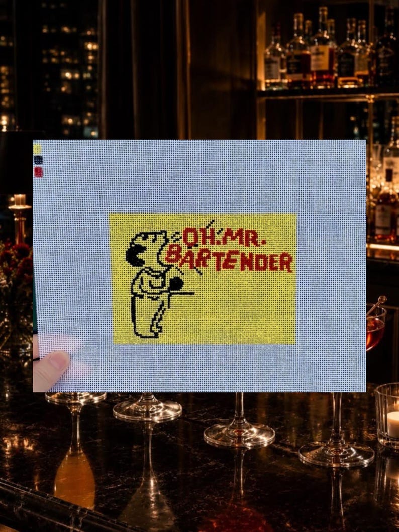 Mr. Bartender Hand-Painted Needlepoint Canvas | 18 Mesh | Cocktail Needlepoint | Bar Cart Decor | Needlepoint Gift for Bartenders