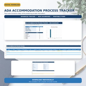 Może przedstawiać: Cyfrowy szablon arkusza kalkulacyjnego ADA Accommodation Process Tracker zawierający mini pulpit nawigacyjny z wykresem słupkowym, szczegółową tabelę śledzenia z kolumnami dla identyfikatorów wniosków i statusu oraz układ formularza do druku.