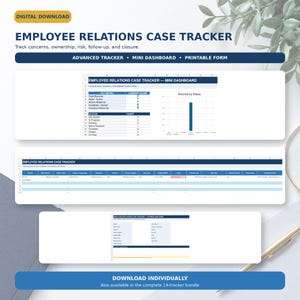 Può includere: Un modello di foglio di calcolo digitale Employee Relations Case Tracker che include un mini dashboard con grafici di stato, un registro di tracciamento dettagliato per la gestione dei casi e un modulo stampabile con intestazioni blu.