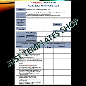 Formulaire de projet de questionnaire de liste de contrôle de pré-mobilisation HSE de l&#39;entrepreneur