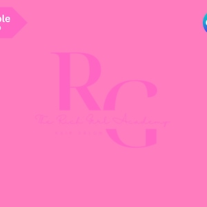 Puede incluir: Diseño de logotipo rosa con las letras "RG" en una fuente en negrita sin serifas. El texto "The Rich Girl Academy" está escrito en una fuente cursiva debajo de las letras.