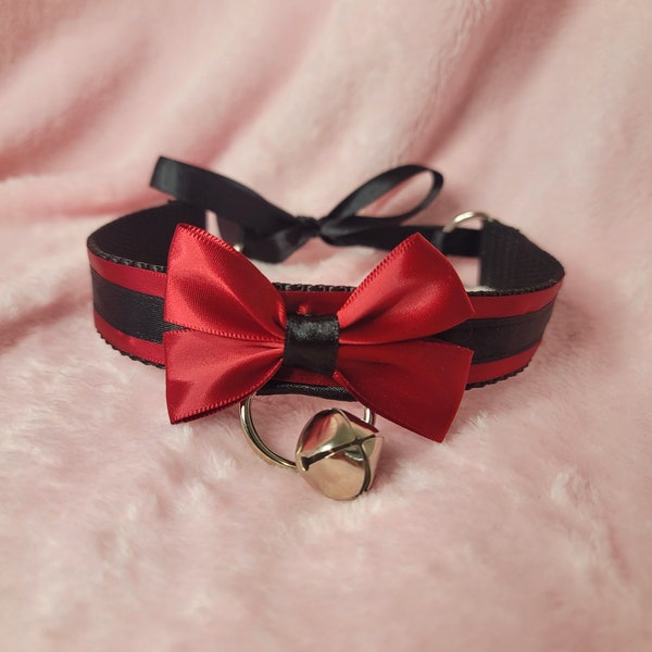 Neko Choker Collar - Kitten Play Choker Collar - Red and Black - Goth Choker - Kawaii Accessories - Cosplay - Custom Sizing