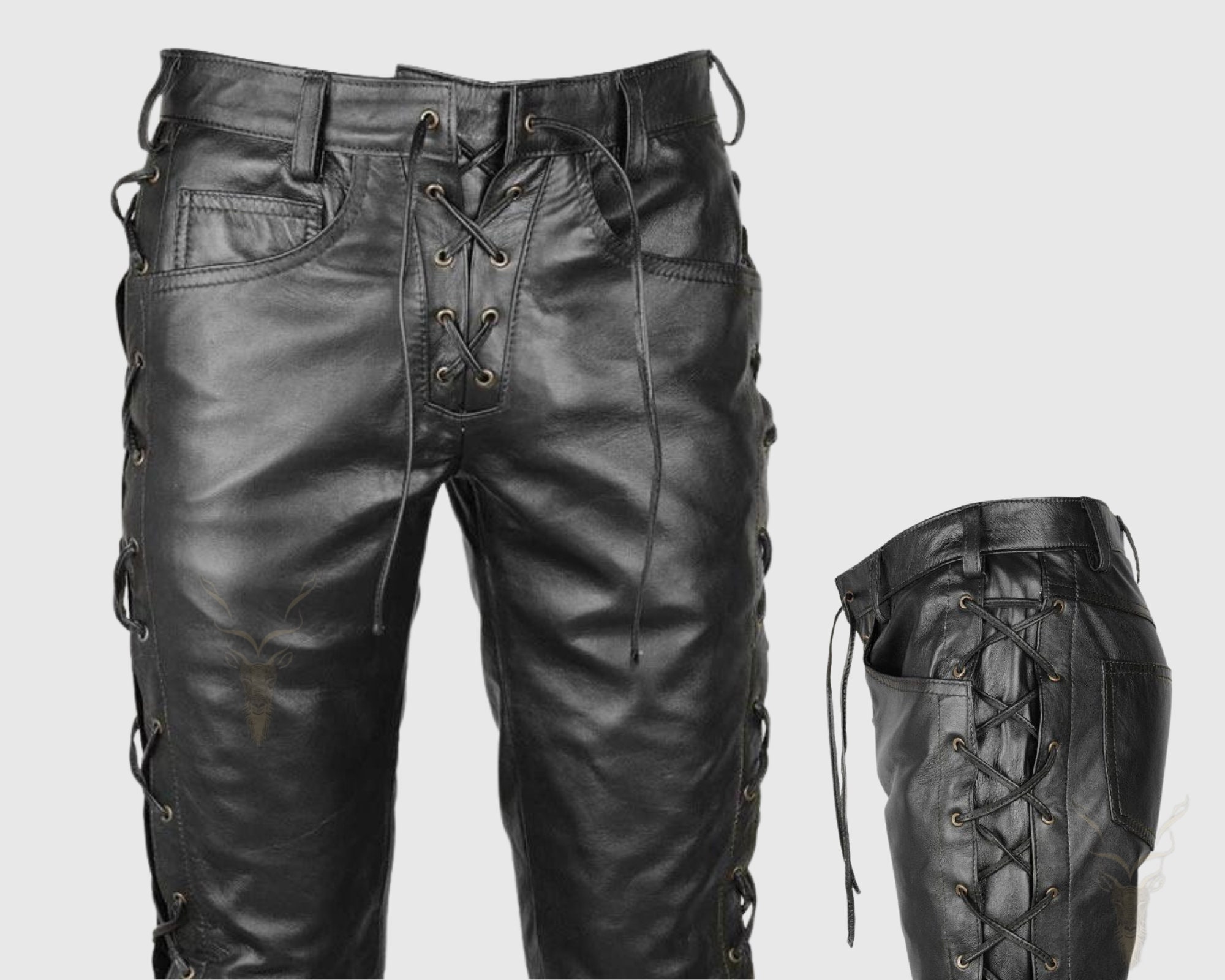 Mens Rockstar Style Genuine Black Leather Biker Pant