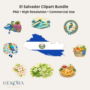 El Salvador Clipart Bundle PNG | Latin Cultural Designs, Pupusas, Torogoz, Loroco, Volcano, Digital Download