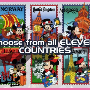 May include: A colorful collage of eleven stamps featuring Mickey Mouse traveling to different countries. Each stamp features a different country's landmark and Mickey Mouse dressed in a costume representing that country. The text "Choose from all ELEVEN COUNTRIES" is at the bottom of the collage.
