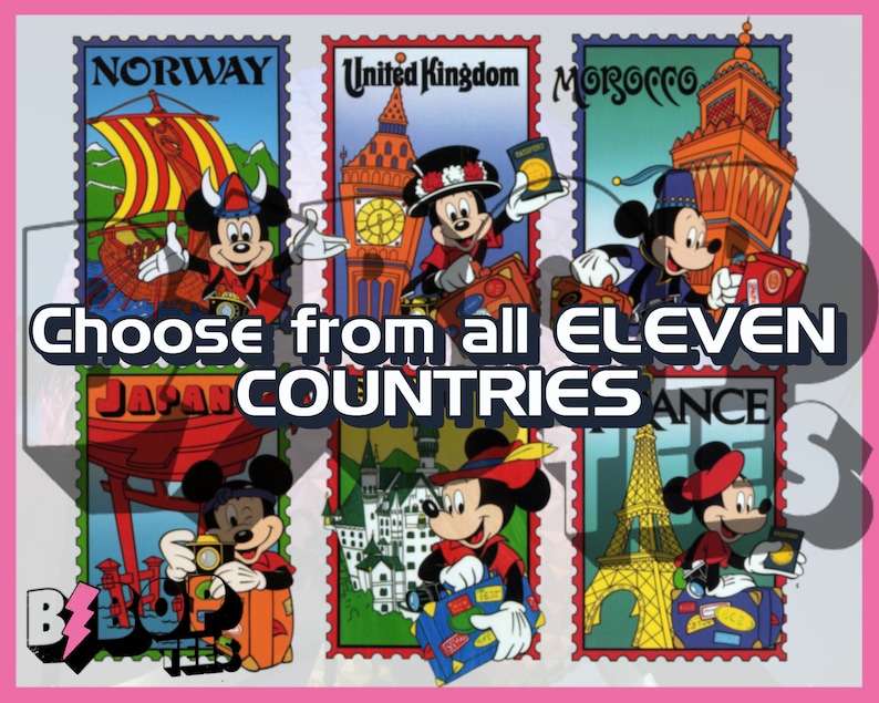 May include: A colorful collage of eleven stamps featuring Mickey Mouse traveling to different countries. Each stamp features a different country's landmark and Mickey Mouse dressed in a costume representing that country. The text "Choose from all ELEVEN COUNTRIES" is at the bottom of the collage.