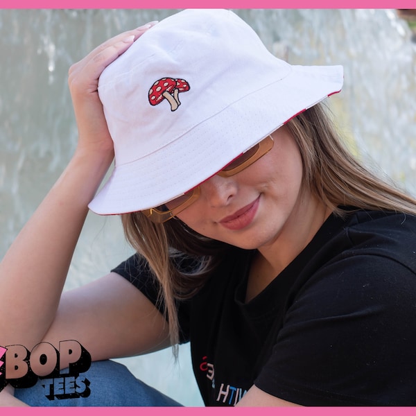 Mushroom Bucket Hat - Reversible Embroidered Cottagecore Mushroom Unisex Bucket Hat