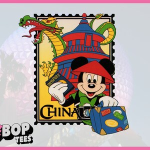 May include: A vintage-style cartoon illustration of Mickey Mouse dressed in a red and green outfit, holding a passport and a suitcase with luggage tags. The background features a yellow and red pagoda with a green dragon, and the text "CHINA" is printed on the bottom of the image.