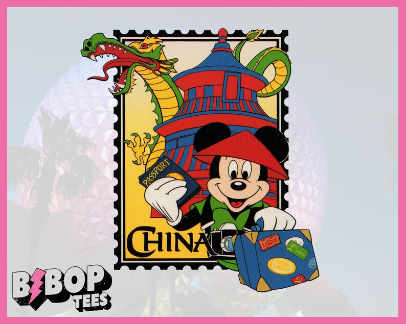 May include: A vintage-style cartoon illustration of Mickey Mouse dressed in a red and green outfit, holding a passport and a suitcase with luggage tags. The background features a yellow and red pagoda with a green dragon, and the text "CHINA" is printed on the bottom of the image.