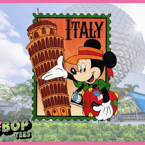 May include: A vintage-style illustration of Mickey Mouse dressed as a tourist, holding a suitcase and pointing to the Leaning Tower of Pisa. The image is framed like a postage stamp with the word "ITALY" printed on it.