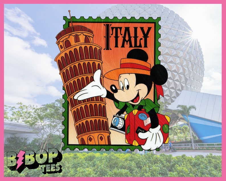 May include: A vintage-style illustration of Mickey Mouse dressed as a tourist, holding a suitcase and pointing to the Leaning Tower of Pisa. The image is framed like a postage stamp with the word "ITALY" printed on it.