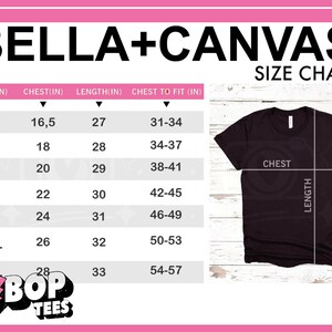 Puede incluir: Una camiseta negra Bella+Canvas con una tabla de tallas. La tabla enumera las medidas de pecho y largo en pulgadas para las tallas XS a 3XL. La imagen tambi&eacute;n incluye el texto "BEBOP TEES".
