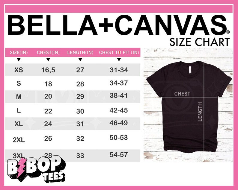 Puede incluir: Una camiseta negra Bella+Canvas con una tabla de tallas. La tabla enumera las medidas de pecho y largo en pulgadas para las tallas XS a 3XL. La imagen tambi&eacute;n incluye el texto "BEBOP TEES".