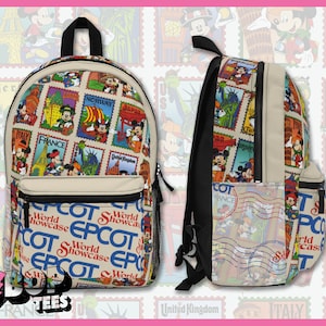 May include: A beige backpack with a black zipper and straps. The backpack is covered in a pattern of colorful postage stamps featuring Mickey Mouse and various landmarks from around the world. The text "EPCOT World Showcase" is repeated on the front of the backpack.