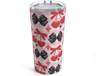 Lindo vaso con lazo y cerezas de 20 oz / Vaso con patrón de cuadros rosados / Regalo para ella / Regalo para amiga / Vaso femenino