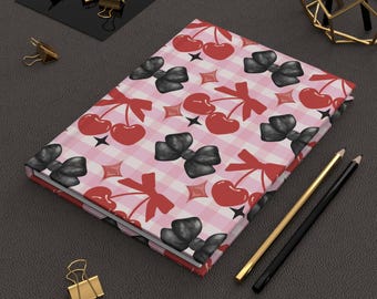 Coquette Bow and Cherries Hardcover Journal, Women's Diary, Planner Notebook, Cute Stationery Gift, Bullet Journal, Cherry Patterned