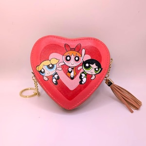 Hand-Painted Powerpuff Girls Heart-Shaped Coin Purse - Blossom, Bubbles, and Buttercup in Every Detail