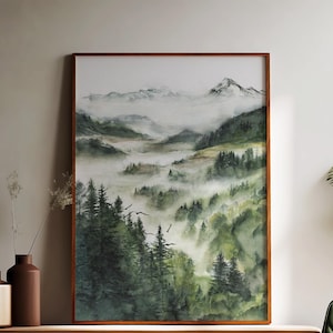 Aquarell-Illustration, Landschaft, Aquarell-Kunstillustration, Marylène Roy-Kunst, Wanddekoration, Schlafzimmer, Kunstdruck, Nebelwald