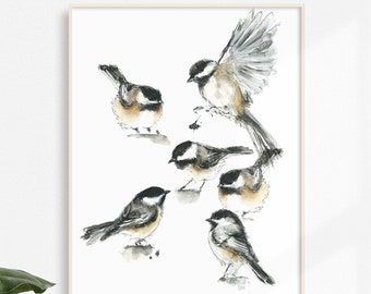 Poster 11 X 14 ,bird , watercolor, animal illustration, chickadees, wall decoration, living room decoration, art, print