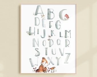 Illustration aquarelle, Affiche Alphabet - Animal ABC - Art mural - Décor thème animal - Impression éducative - Décor pour enfants, renard