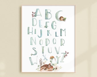 Illustration aquarelle, Affiche Alphabet - Animal ABC - Art mural - Décor thème animal - Impression éducative - Décor pour enfants
