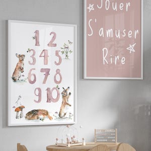 Original watercolor illustration, Number poster - numbers - Educational posters in French - Wall decoration for children's room
