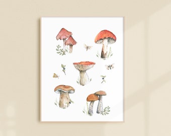 Mushroom poster, 11 X 14, watercolor, watercolor art illustration, Marylène Roy, art, child wall decoration, bedroom, art print, forest