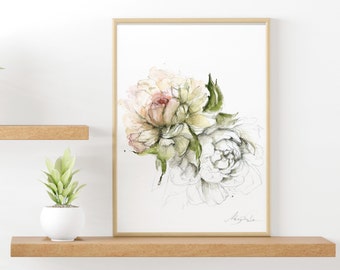 Pivoine, Art print, aquarelle, fleur,  illustration floral, décoration chambre enfant, Marylène Roy, décoration, pivoine