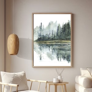 Illustration aquarelle, paysage, illustration art aquarelle, Marylène Roy art, décoration murale, chambre, art print, forêt brume