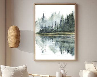 Watercolor illustration, landscape, watercolor art illustration, Marylène Roy art, wall decoration, bedroom, art print, forest mist