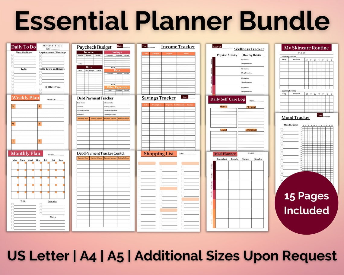 Essential Planner Bundle Printable Inserts, Daily Weekly Monthly ...