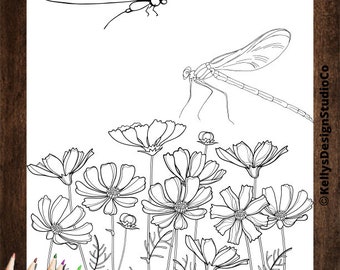 Dragonfly Wildflower Coloring Page Printable Download