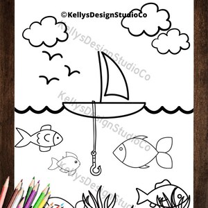 Fishing Coloring Page, Childrens Coloring Sheet, Fishing, Aquatic, Color, Coloring Page, Fish Coloring Page, Boat Coloring Page