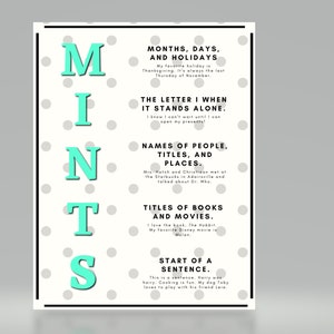 May include: A white poster with the word "MINTS" in large, turquoise letters. The poster is decorated with gray polka dots and includes text describing months, the letter I, names, titles, and the start of a sentence.