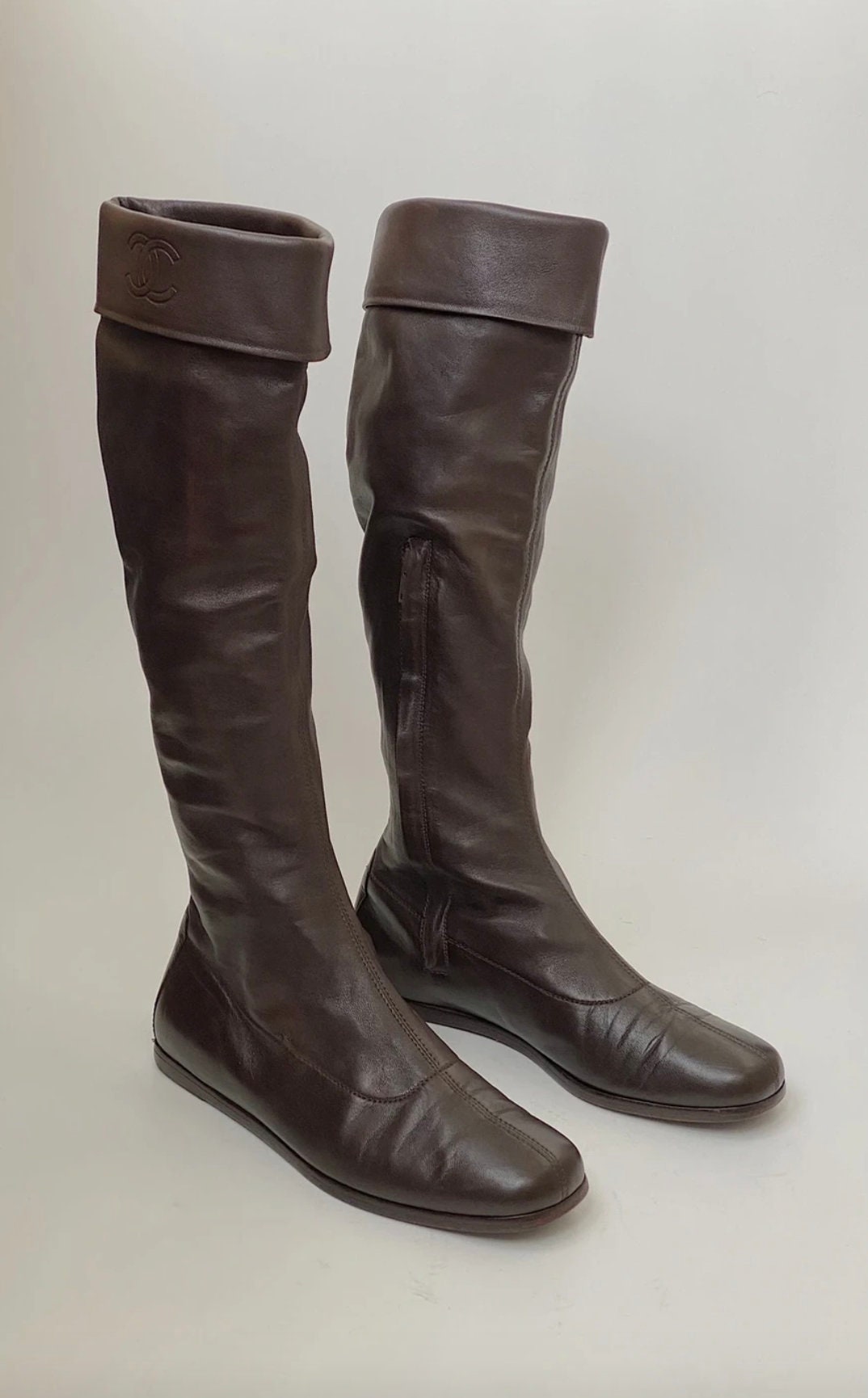 Chanel Logo Brown Leather Knee High Boots – Vintage by Misty
