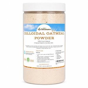 May include: A clear plastic jar of colloidal oatmeal powder. The label reads "Colloidal Oatmeal Powder" and "100% Pure & Natural." The jar contains a beige powder and has a white lid. The net weight is 16 oz.