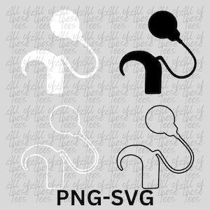 Puede incluir: Una ilustración en blanco y negro de un estetoscopio con un bulbo en el extremo. La imagen está sobre un fondo de texto repetido que dice "All of these tees".