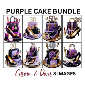 8 set di accessori per torte di compleanno viola, post social di invito, per feste, casinò, tema Diva, download digitale, modifica in Canva, esempio di volantino