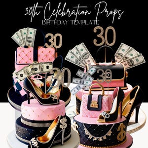 4 Designer taarttasje en schoen met hoge hak roze en witte taart met strassteen 30 topper. Uitnodiging sociale post, cake prop. Digitale download.
