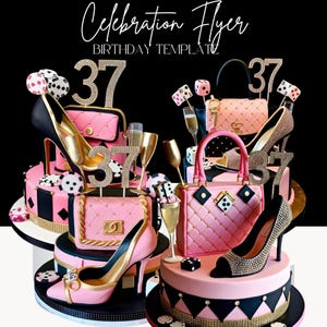 4 Designer taarttasje en schoen met hoge hak roze en witte taart met strass 37-topper. Uitnodiging sociale post, cake prop. Digitale download.