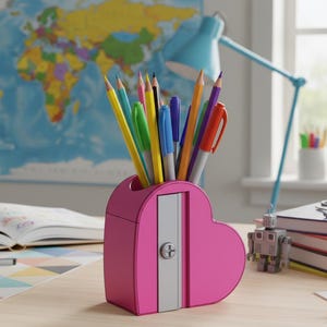 Könnte beinhalten: Ein pinkfarbener, herzförmiger Anspitzer, gefüllt mit bunten Bleistiften und Stiften. Der Anspitzer hat eine silberne Klinge und einen kleinen Knopf. Im Hintergrund befindet sich eine Weltkarte, eine blaue Schreibtischlampe und ein kleines Roboterspielzeug.