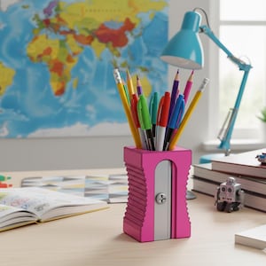 Könnte beinhalten: Ein leuchtend rosa Stifthalter in Form eines Anspitzers, gefüllt mit bunten Bleistiften und Stiften. Auf dem Schreibtisch befinden sich auch eine blaue Schreibtischlampe, Bücher und ein Spielzeugroboter, mit einer Weltkarte im Hintergrund.