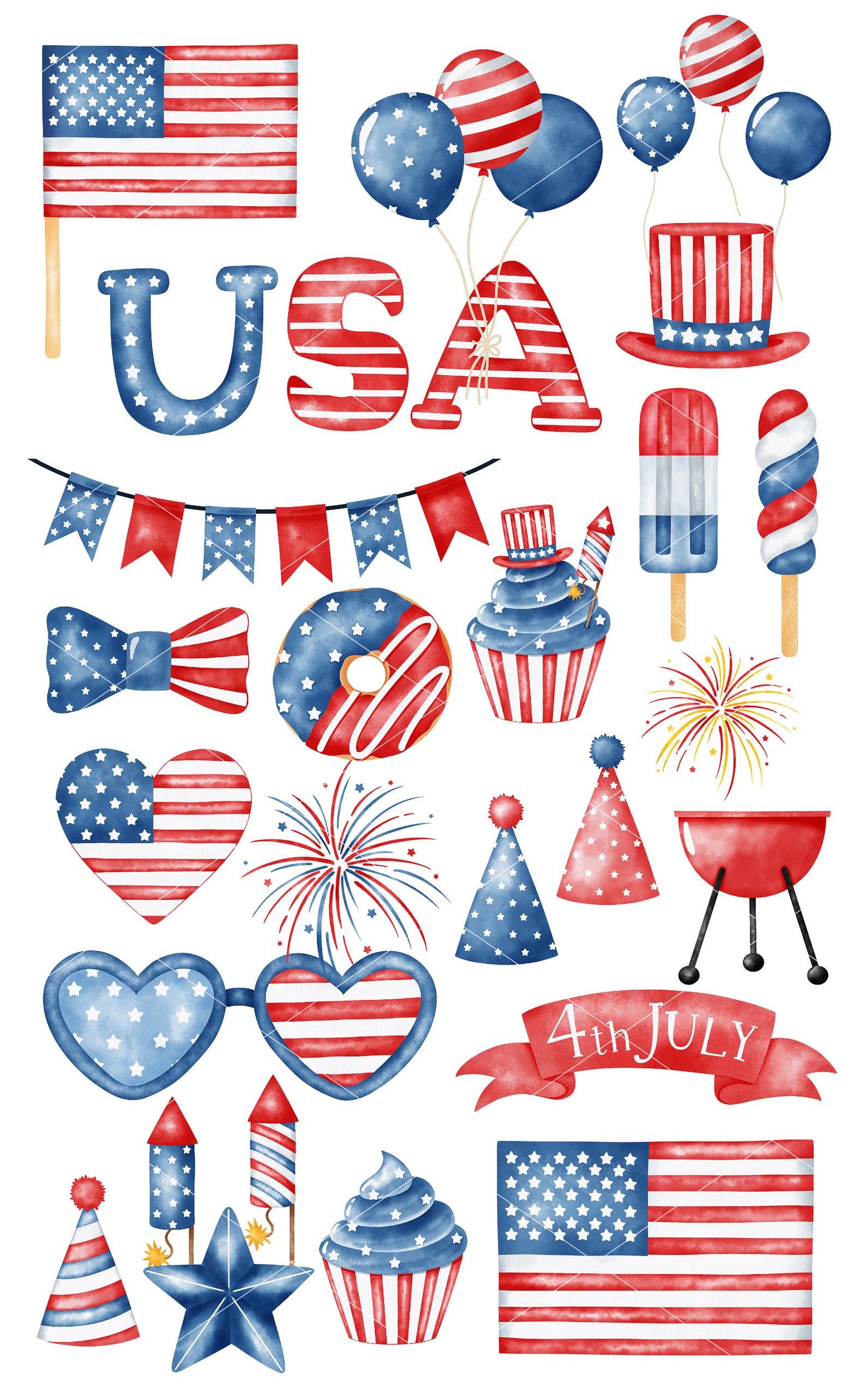 4th of July Independence Day Watercolor Clipart, Fourth of July